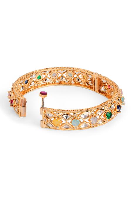 Curio Cottage_Gold Plated Stones, Gota Patti Floral Embellished Bangle_Online_at_Aza_Fashions