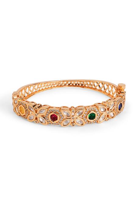 Shop Curio Cottage Gold Plated Stones Navratna Multi-stone Kundan Bracelet at Aza Fashions Shop_Curio Cottage_Gold Plated Stones Navratna Multi-stone Kundan Bracelet_at_Aza_Fashions