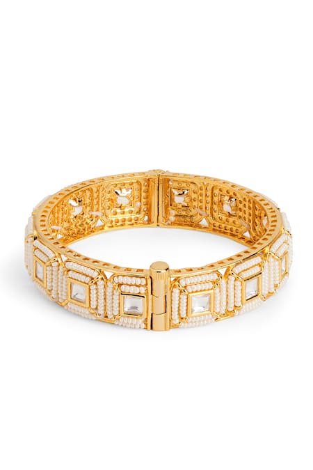 Shop_Curio Cottage_Gold Plated Crystals, Pearls Kundan Designer Bangle_at_Aza_Fashions