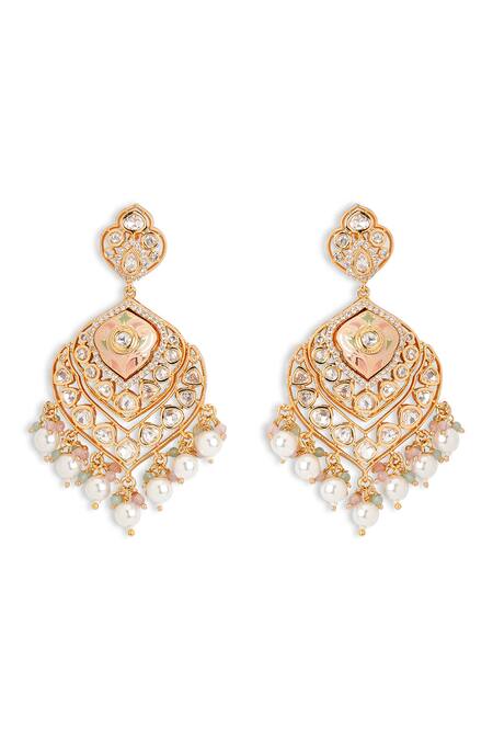 Shop_Curio Cottage_Gold Plated Pearls, Embroidery, Beads Enamel Kundan Plume Earrings_at_Aza_Fashions