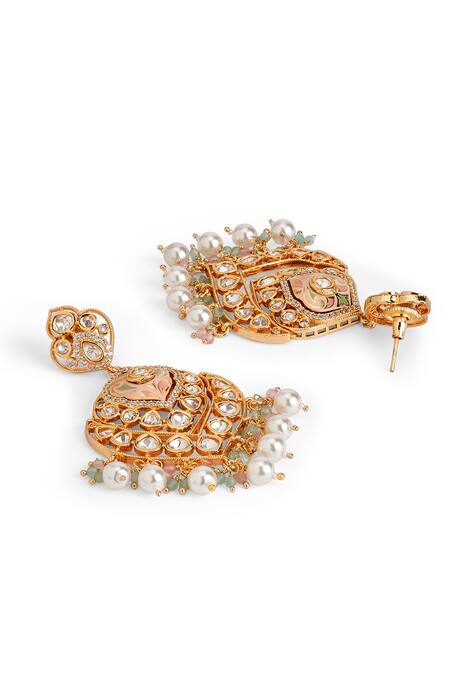 Curio Cottage_Gold Plated Pearls, Embroidery, Beads Enamel Kundan Plume Earrings_Online_at_Aza_Fashions