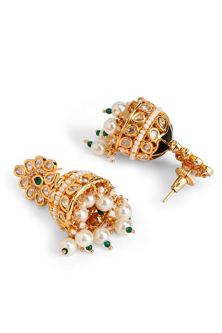 Curio Cottage_Gold Plated Pearls, Embroidery, Gota Patti Enamel Kundan Jhumkas_Online_at_Aza_Fashions