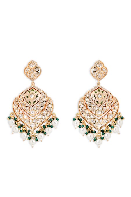 Shop Curio Cottage Gold Plated Pearls, Embroidery, Beads, Gota Kundan Plume Earrings With Tassels at Aza Fashions Shop_Curio Cottage_Gold Plated Pearls, Embroidery, Beads, Gota Kundan Plume Earrings With Tassels_at_Aza_Fashions
