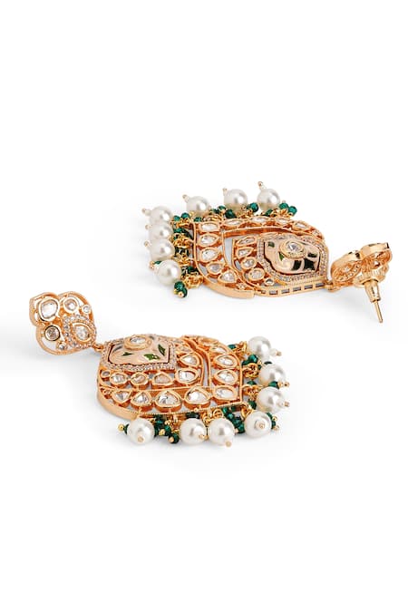 Curio Cottage Gold Plated Pearls, Embroidery, Beads, Gota Kundan Plume Earrings With Tassels Online at Aza Fashions Curio Cottage_Gold Plated Pearls, Embroidery, Beads, Gota Kundan Plume Earrings With Tassels_Online_at_Aza_Fashions