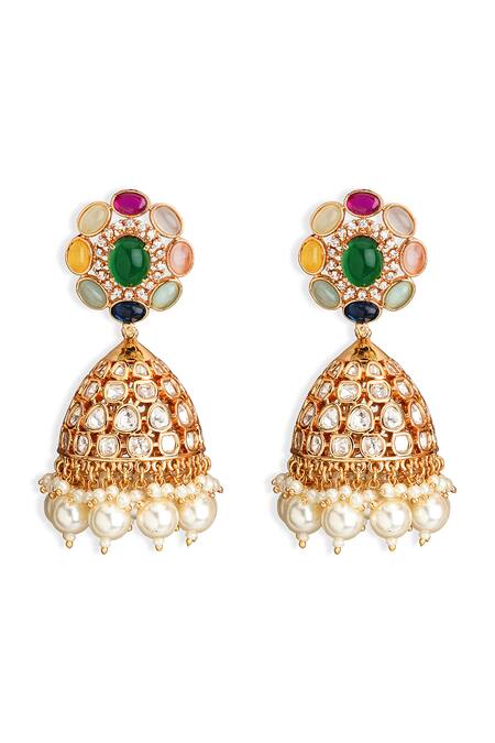 Shop Curio Cottage Gold Plated Pearls, Stones, Gota Patti, Zari Kundan Navratna Jhumka Earrings at Aza Fashions Shop_Curio Cottage_Gold Plated Pearls, Stones, Gota Patti, Zari Kundan Navratna Jhumka Earrings_at_Aza_Fashions