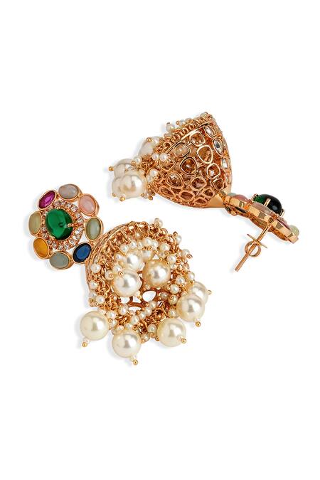 Curio Cottage Gold Plated Pearls, Stones, Gota Patti, Zari Kundan Navratna Jhumka Earrings Online at Aza Fashions Curio Cottage_Gold Plated Pearls, Stones, Gota Patti, Zari Kundan Navratna Jhumka Earrings_Online_at_Aza_Fashions
