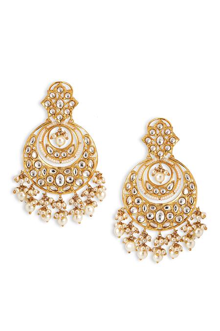 Shop Curio Cottage Gold Plated Kundan Pearl Drop Chandbalis at Aza Fashions Shop_Curio Cottage_Gold Plated Kundan Pearl Drop Chandbalis_at_Aza_Fashions