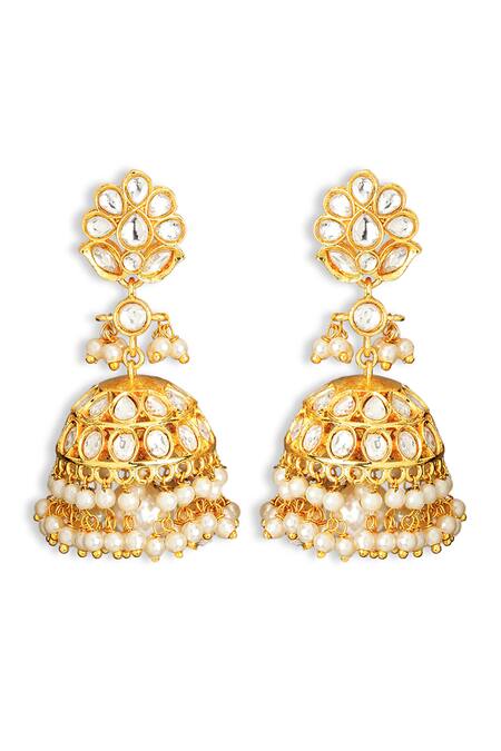 Shop Curio Cottage Gold Plated Pearls, Diamonds Kundan Jhumka Earrings at Aza Fashions Shop_Curio Cottage_Gold Plated Pearls, Diamonds Kundan Jhumka Earrings_at_Aza_Fashions
