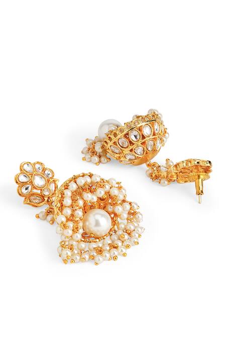 Curio Cottage Gold Plated Pearls, Diamonds Kundan Jhumka Earrings Online at Aza Fashions Curio Cottage_Gold Plated Pearls, Diamonds Kundan Jhumka Earrings_Online_at_Aza_Fashions