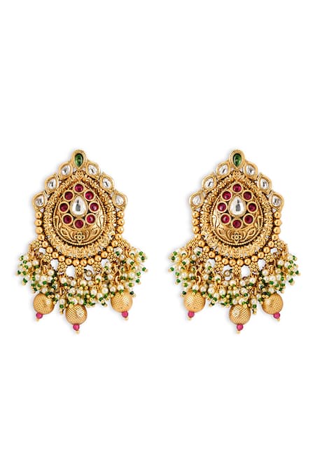 Shop Curio Cottage Gold Plated Stones, Beads Lotus Leaf Earrings at Aza Fashions Shop_Curio Cottage_Gold Plated Stones, Beads Lotus Leaf Earrings_at_Aza_Fashions