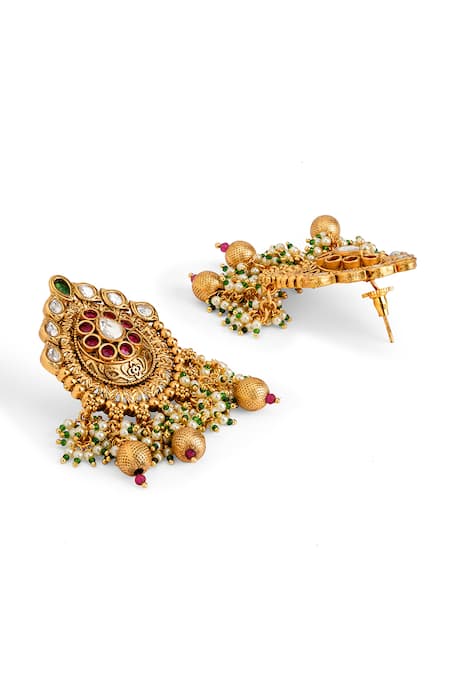Curio Cottage Gold Plated Stones, Beads Lotus Leaf Earrings Online at Aza Fashions Curio Cottage_Gold Plated Stones, Beads Lotus Leaf Earrings_Online_at_Aza_Fashions