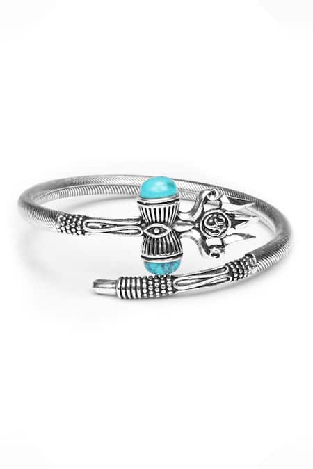 Shop Sangeeta Boochra Silver Plated Stones Trishul Carved Bracelet With Turquoise at Aza Fashions Shop_Sangeeta Boochra_Silver Plated Stones Trishul Carved Bracelet With Turquoise _at_Aza_Fashions