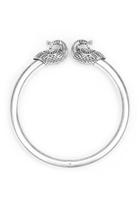 Shop_Sangeeta Boochra_Silver Plated Peacock Motif Carved Bracelet _Online_at_Aza_Fashions