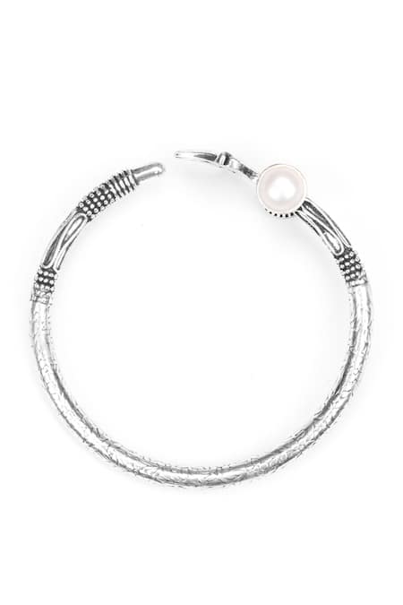 Shop_Sangeeta Boochra_Silver Plated Pearls Trishul Carved Bracelet _Online_at_Aza_Fashions