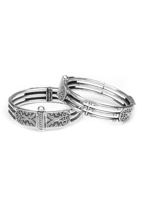 Sangeeta Boochra Triple Layered Carved Silver Bracelet 