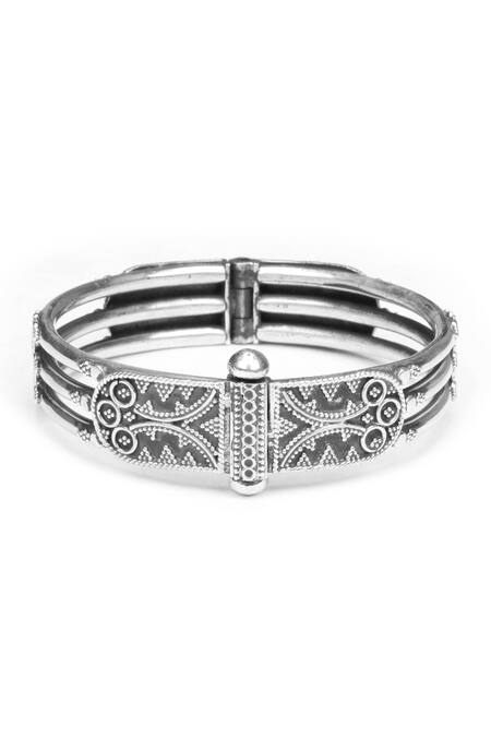 Sangeeta Boochra_Silver Plated Triple Layered Carved Bracelet _Online_at_Aza_Fashions