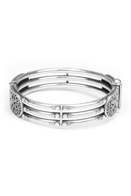 Sangeeta Boochra_Silver Plated Triple Layered Carved Bracelet _at_Aza_Fashions