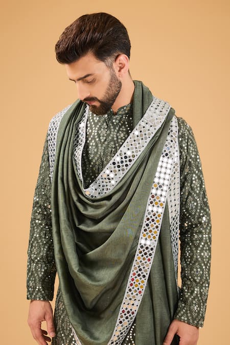 Shop_Kasbah_Green Silk Mirrors, Embroidery Kurta Set With Stole _at_Aza_Fashions