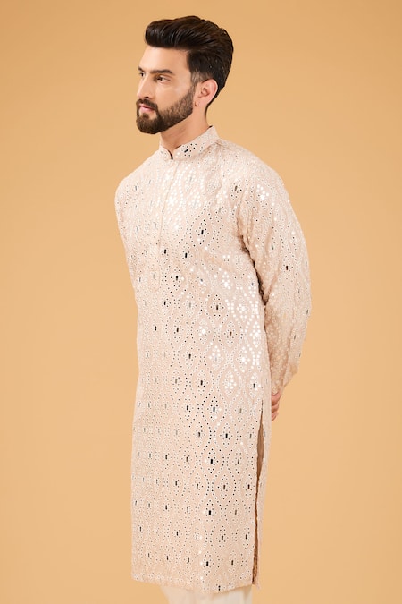 Kasbah_Beige Silk Mirrors Embroidered Kurta _Online_at_Aza_Fashions