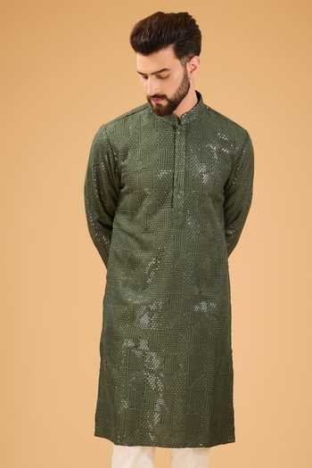 Kasbah_Green Silk Sequins Geometric Embroidered Kurta _Online_at_Aza_Fashions