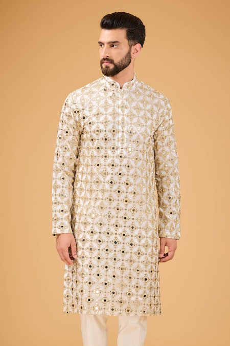 Kasbah_White Georgette Mirrors Geometric Embroidered Kurta _Online_at_Aza_Fashions