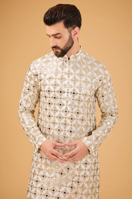 Buy_Kasbah_White Georgette Mirrors Geometric Embroidered Kurta _Online_at_Aza_Fashions