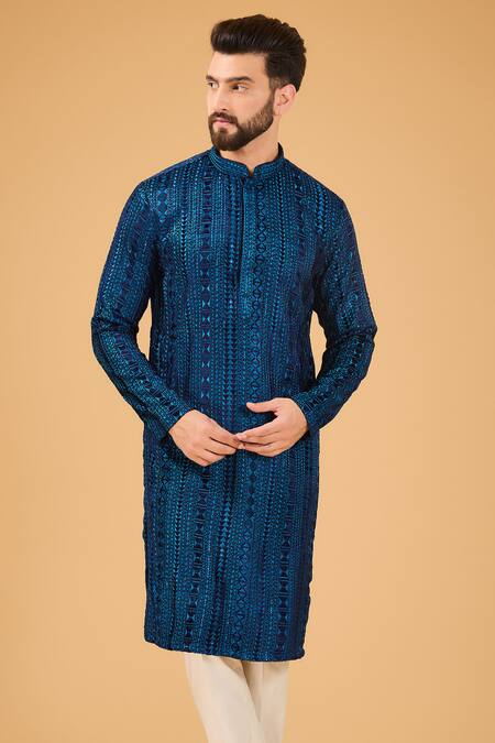 Kasbah Blue Velvet Embroidery Thread Kurta Online at Aza Fashions Kasbah_Blue Velvet Embroidery Thread Kurta _Online_at_Aza_Fashions