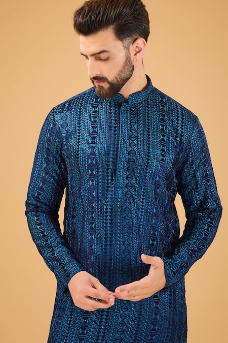 Buy Kasbah Blue Velvet Embroidery Thread Kurta Online at Aza Fashions Buy_Kasbah_Blue Velvet Embroidery Thread Kurta _Online_at_Aza_Fashions