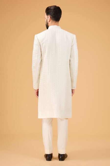 Shop_Kasbah_Ivory Silk Cut Work Cutdana Embroidered Sherwani _at_Aza_Fashions