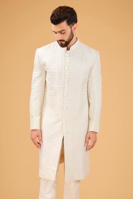 Kasbah_Ivory Silk Cut Work Cutdana Embroidered Sherwani _Online_at_Aza_Fashions