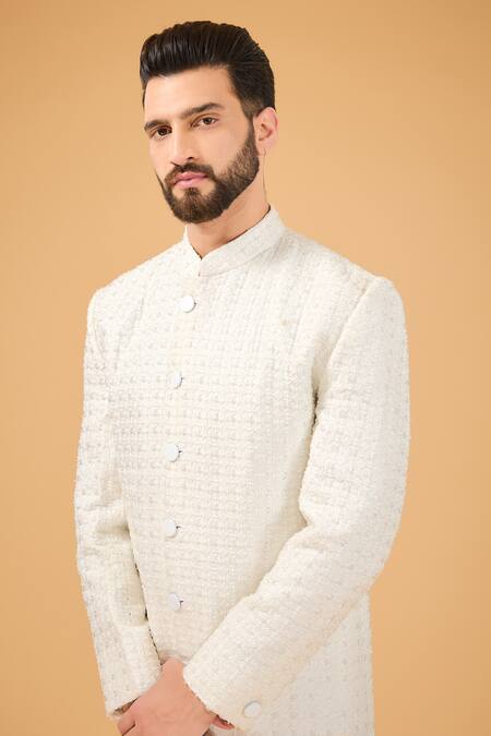 Buy_Kasbah_Ivory Silk Cut Work Cutdana Embroidered Sherwani _Online_at_Aza_Fashions