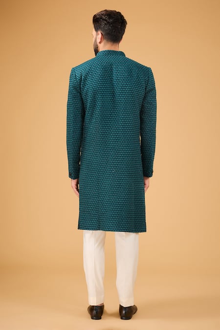 Shop_Kasbah_Green Silk Cut Work Cutdana Embroidered Sherwani _at_Aza_Fashions