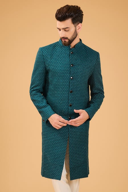 Kasbah_Green Silk Cut Work Cutdana Embroidered Sherwani _Online_at_Aza_Fashions