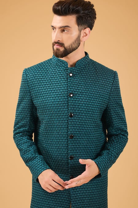 Buy_Kasbah_Green Silk Cut Work Cutdana Embroidered Sherwani _Online_at_Aza_Fashions