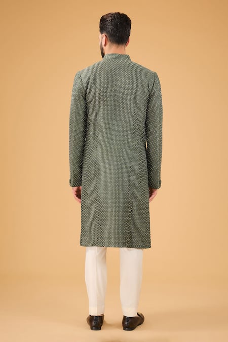 Shop_Kasbah_Green Silk Cut Work Cutdana Embroidered Sherwani _at_Aza_Fashions