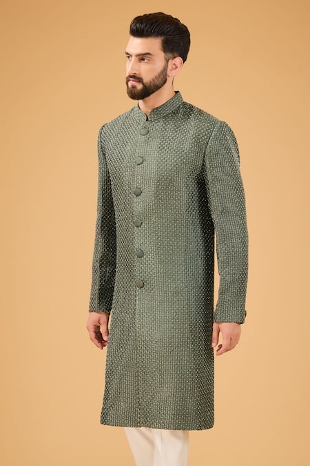 Kasbah_Green Silk Cut Work Cutdana Embroidered Sherwani _Online_at_Aza_Fashions