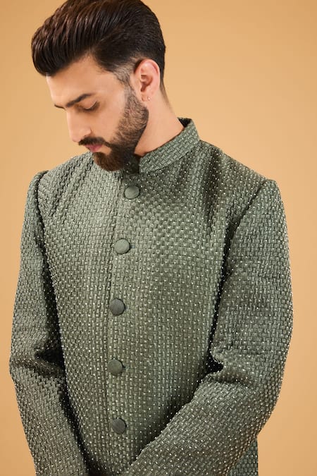 Buy_Kasbah_Green Silk Cut Work Cutdana Embroidered Sherwani _Online_at_Aza_Fashions