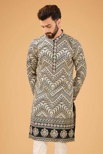 Kasbah_Black Silk Sequins, Zari Embroidered Kurta _Online_at_Aza_Fashions