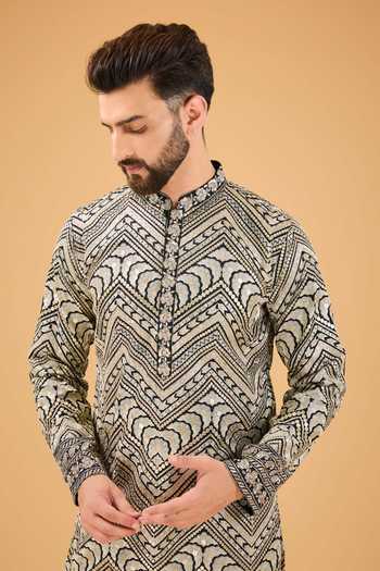 Buy_Kasbah_Black Silk Sequins, Zari Embroidered Kurta _Online_at_Aza_Fashions