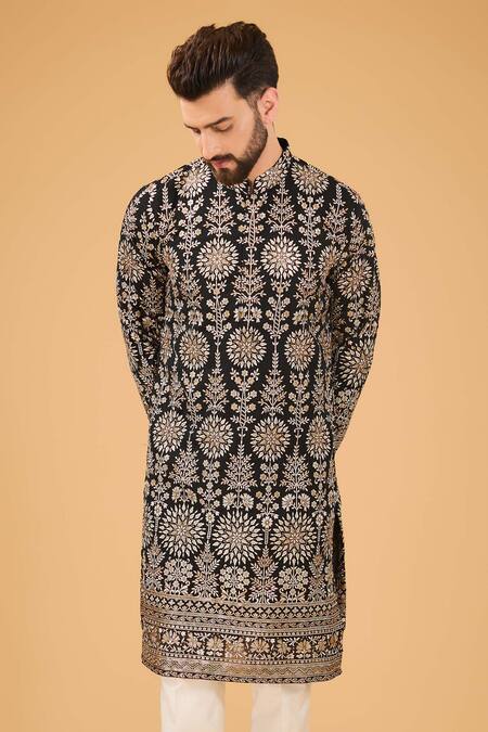 Kasbah_Black Georgette Zari Chikankari Embroidered Kurta _Online_at_Aza_Fashions