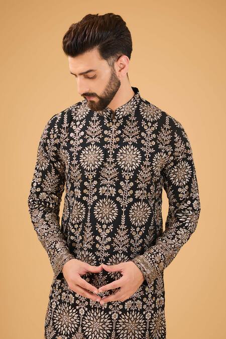 Buy_Kasbah_Black Georgette Zari Chikankari Embroidered Kurta _Online_at_Aza_Fashions