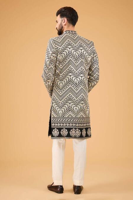 Shop_Kasbah_Black Silk Zari, Sequins, Embroidery Floral Sherwani _at_Aza_Fashions