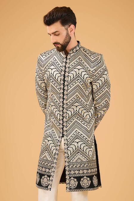 Kasbah_Black Silk Zari, Sequins, Embroidery Floral Sherwani _Online_at_Aza_Fashions