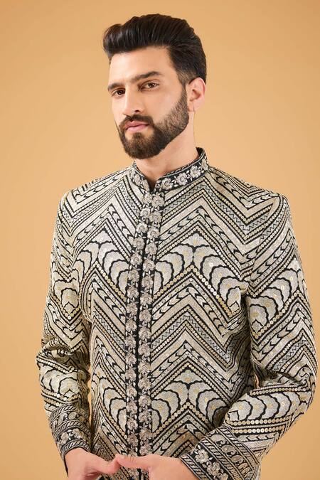 Buy_Kasbah_Black Silk Zari, Sequins, Embroidery Floral Sherwani _Online_at_Aza_Fashions
