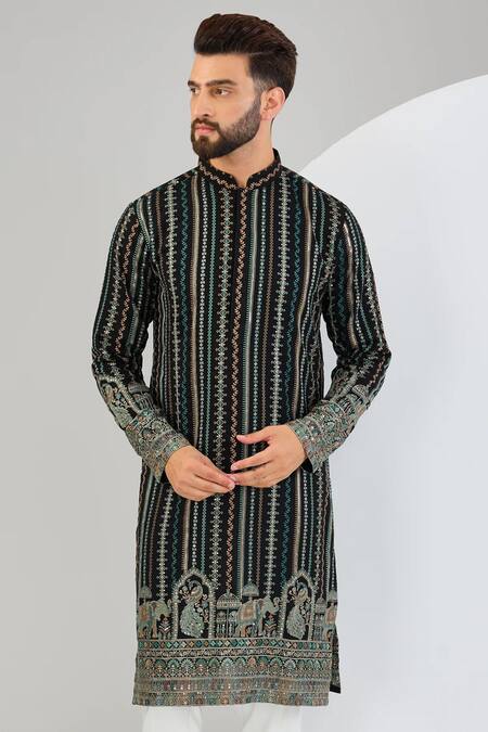 Buy_Kasbah_Black Georgette Embroidery Chikankari Flora And Fauna Kurta _Online_at_Aza_Fashions