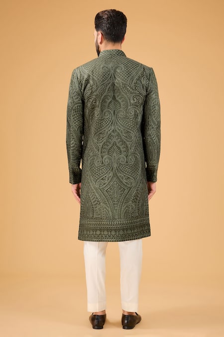 Shop_Kasbah_Green Silk Embroidery Kashmiri Threadwork Sherwani _at_Aza_Fashions