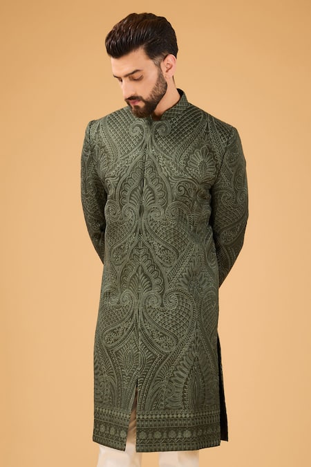 Kasbah_Green Silk Embroidery Kashmiri Threadwork Sherwani _Online_at_Aza_Fashions