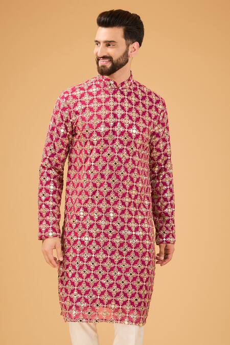 Kasbah_Pink Georgette Sequins, Mirrors, Zari Embroidered Straight Kurta _Online_at_Aza_Fashions