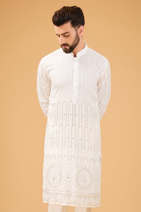 Kasbah_White Georgette Mirrors, Sequins, Embroidery Chikankari Kurta _Online_at_Aza_Fashions