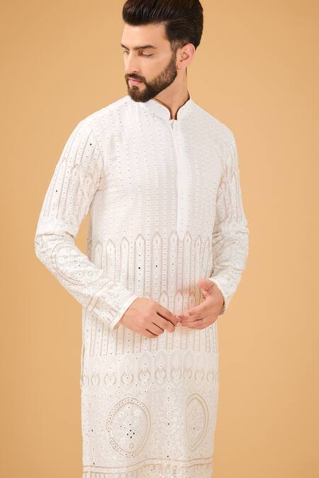 Buy_Kasbah_White Georgette Mirrors, Sequins, Embroidery Chikankari Kurta _Online_at_Aza_Fashions